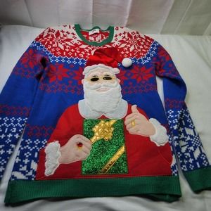 Holiday Time Funky Santa Glitter Present Sweater Womens Size Medium Ugly Sweater